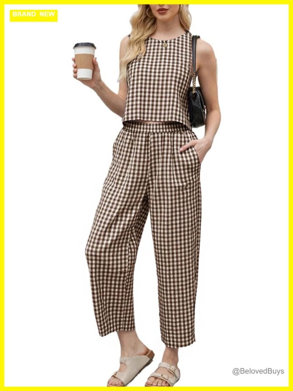 Women's Summer Gingham 2 Piece Set Crop Tank Wide Leg Pants Lounge Outfit